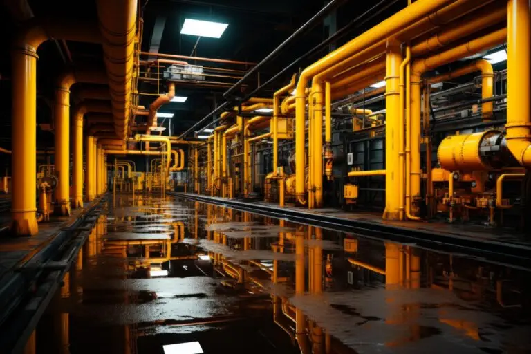 system of yellow pipelines in the modern plant wet floors reflecting the interior of industrial zone generative ai